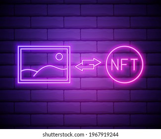 NFT non fungible token glowing neon vector illustration. Digital Art Concept.NFT currency icon isolated on brick wall.