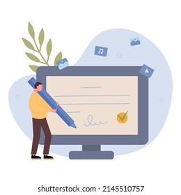 NFT. Non Fungible Token. Illustration of man artist signs contract. Vector illustration.