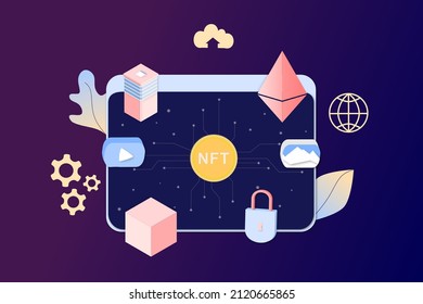 NFT non fungible token infographic with lines and dots network on dark background. Pay for unique collectible in game or art. Isometric vector illustration of NFT with blockchain technology for banner