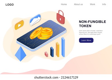 NFT non fungible token infographic with lines and dots network. Pay for unique collectible in video, game, art. Isometric vector illustration of NFT with blockchain technology for web, banner template