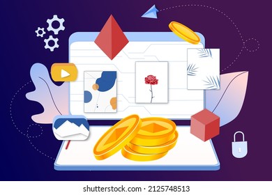 NFT non fungible token infographic with lines and dots network. Pay for unique collectible in video, game, art. Isometric vector illustration of NFT with blockchain technology for web banner template.