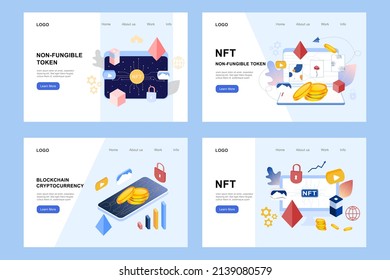 NFT non fungible token infographic with lines and dots network. Pay for unique collectible video, game, art. Isometric vector illustration of NFT with blockchain technology for web banner template set