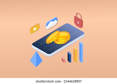 NFT non fungible token infographic with lines and dots network. Pay for unique collectible in video, game, art. Isometric vector illustration of NFT with blockchain technology for web banner template.