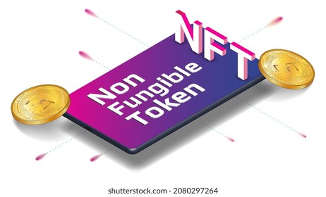 token no fungible de NFT en el teléfono celular isométrico aislado en blanco. Nueva clase de monedas. Pagar por coleccionables únicos en juegos o arte. Elemento de diseño.