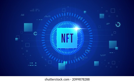 NFT non fungible token on dark blue banner. Pay for unique collectibles in games or art. Simple futuristic modern geometric connection line background.