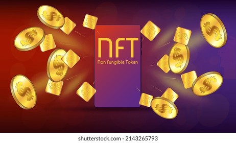 NFT non fungible token unique sign and gold coins of dollars fly out from cellphone. Concept of earning dollars USD on NFT market. Pay for unique collectibles in games or art. Banner or header.
