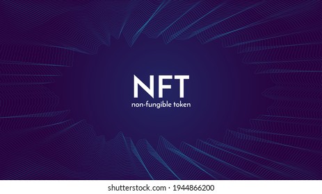 Nft non fungible token white text on futuristic neon purple background, cryptocurrency banner. Stock vector illustration.