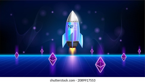 NFT non fungible tokens in artwork and spaceship. Blockchain technology in digital crypto art. Ethereum coins on futuristic neon dark background. 3D Vector illustration.
