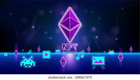NFT non fungible tokens in artwork, games. Blockchain technology in digital crypto art. Ethereum coins on futuristic neon dark background. 3D Vector illustration.