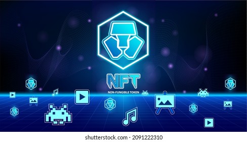 NFT non fungible tokens in artwork, games. Blockchain technology in digital crypto art. Crypto.com on futuristic neon dark background. 3D Vector illustration.