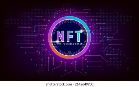 NFT non fungible tokens in artwork, games. Blockchain technology in digital crypto art. On futuristic neon dark background. 3D Vector illustration.