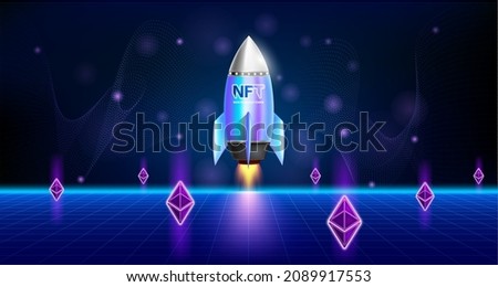 NFT non fungible tokens in artwork and spaceship. Blockchain technology in digital crypto art. Ethereum coins on futuristic neon dark background. 3D Vector illustration.