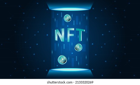 NFT, non fungible tokens concept vector illustration. NFT text in teleport podium with hologram effect concept for banner, poster, website, landing page, ads.