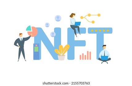 NFT, non fungible tokens. Concept with keyword, people and icons. Flat vector illustration. Isolated on white.