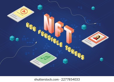 NFT non fungible tokens concept - NFT word with 3D cube on abstract technology surface. Cryptographic art crypto art nft isometric composition.