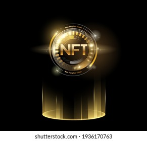 NFT non fungible tokens with glitter effect in golden style. Vector illustration design.