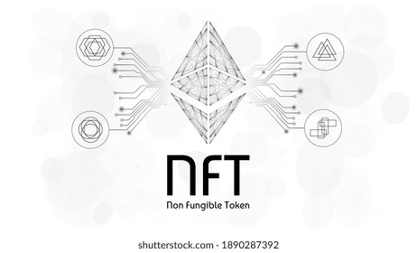 NFT non fungible tokens infographics with pcb tracks and different tokens on white background. Pay for unique collectibles in games or art. Vector illustration.