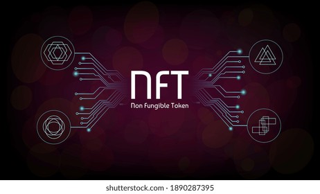 NFT non fungible tokens infographics with pcb tracks and unique tokens on dark background. Pay for unique collectibles in games or art. Vector illustration.