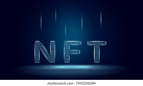 NFT non fungible tokens in polygonal wireframe style on dark blue background. Pay for unique collectibles in games or art. Vector illustration.