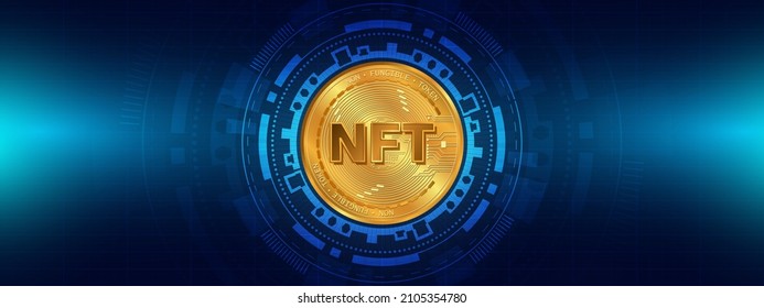 NFT nonfungible coin.non fungible token.Blockchain concept.NFT glod coin with blue background technology.