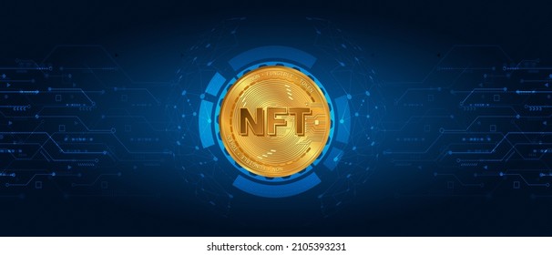 NFT nonfungible coin.non fungible token.Blockchain concept.NFT glod coin with blue background technology.