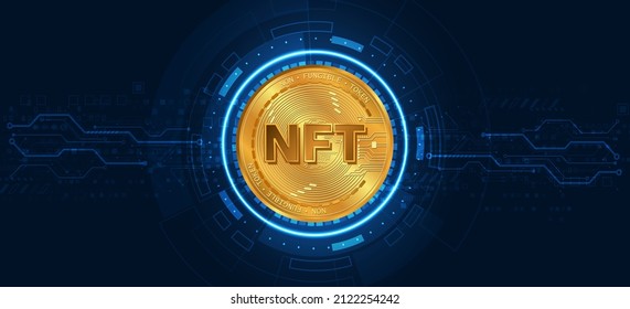 NFT nonfungible coin.non fungible token.Blockchain concept.NFT glod coin with blue background technology.