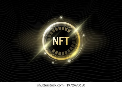 NFT non-fungible gold token on black background. Online money for buy exclusive art poster. Pay for unique collectibles in games banner. Blockchain technology crypto shiny coin. EPS illustration