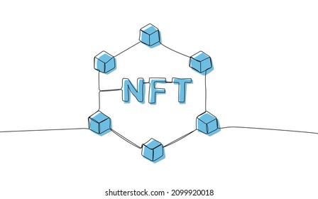 NFT non-fungible token. Blockchain technology in digital crypto art, computer illustration, design. One continuous line drawing. Vector illustration