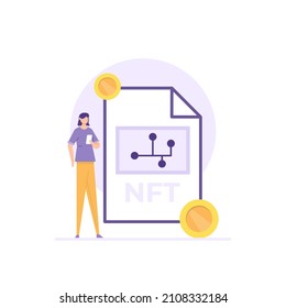 NFT or Non-Fungible Token business concept. buying and selling digital works. illustration of people selling or buying an NFT digital art. flat cartoon style. vector illustration designs. elements, ui