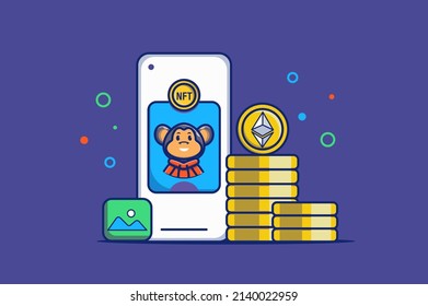 NFT non-fungible token concept in flat outline design. Mobile phone with digital NFT picture for selling and purchase artwork with bitcoins payment. Vector illustration with colorful line web scene