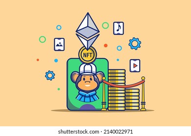 NFT non-fungible token concept in flat outline design. Online auction with digital NFT picture and purchase artwork with cryptocurrency payment. Vector illustration with colorful line web scene