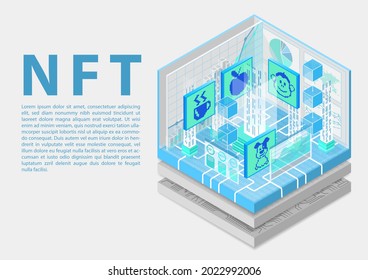 NFT non-fungible token concept infographic. 3d isometric vector illustration of this blockchain technology to sell and purchase digital artwork.