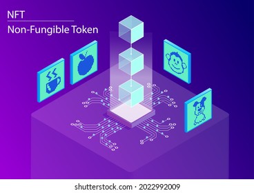 NFT non-fungible token concept infographic. 3d isometric vector illustration of this blockchain technology to sell and purchase digital artwork.