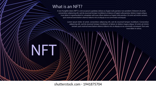 NFT Non-fungible Token Concept Of Spiral Movement Lines Abstract Background. Vector Dark Web Banner With Twist Hexagon Gradient Backdrop And Non Fungible Token Sign. Modern Crypto Art Concept.