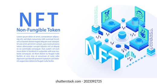 NFT non-fungible token concept as wide web banner layout. 3d isometric vector illustration of digital artwork purchased by crypto currency.