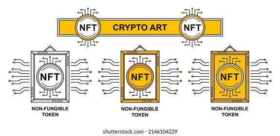 NFT Non-fungible Token Crypto Art Blockchain Technology Icon. Cryptocurrency Virtual Coin Money. Sell Unique Collectibles Internet Painting. Electronic Picture Gallery, Auction Digital Artwork. Vector