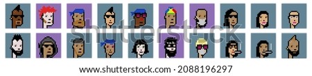 NFT nonfungible token. Crypto art concept. Pixel art cryptopunks set