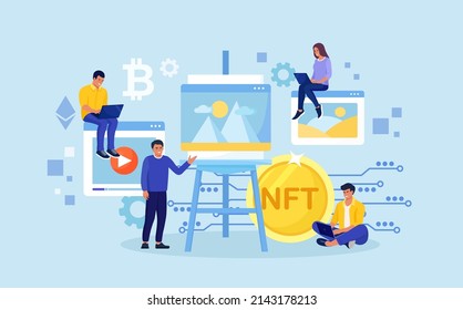 NFT as non-fungible token for digital blockchain unit. People making digital transaction for buying masterpieces. Online gallery nft art. Collectible digital file sale. Artist create crypto art