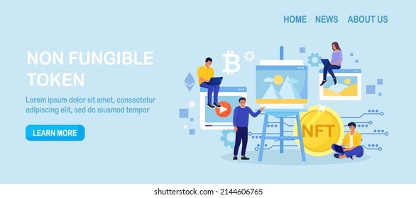 NFT as non-fungible token for digital blockchain unit. People making digital transaction for buying masterpieces. Online gallery nft art. Collectible digital file sale. Artist create crypto art