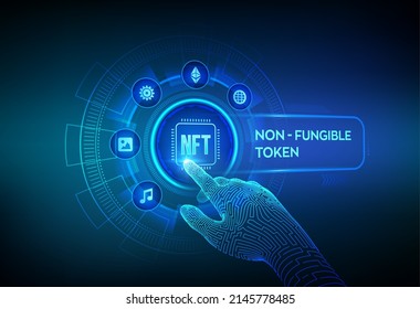 NFT. Non-fungible token digital crypto art blockchain technology concept. Investment in cryptographic. Robotic hand touching digital interface. Vector illustration.