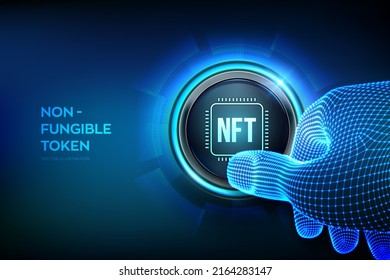 NFT. Concepto no fungible de tecnología criptográfica digital crypto art blockchain. Inversión en criptografía. Cierre el dedo para presionar un botón. Ilustración vectorial.