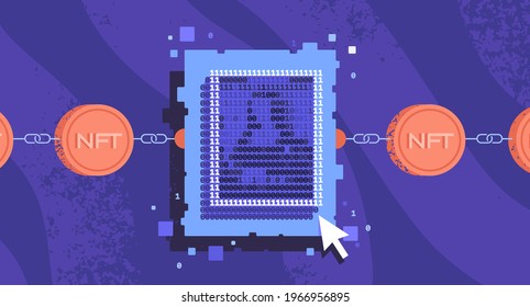 NFT. Non-fungible token illustration. Chain with crypto coins. Ethereum, solana or binance. Tokenization design. Digital art concept. Artwork in binary code style. Not interchangeable copy for gallery