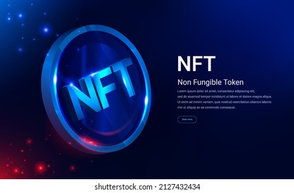 NFT nonfungible token illustration with red and blue glowing lights dark blue background. Vector cryptocurrency