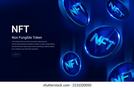 NFT nonfungible token illustration with red and blue glowing lights dark blue background. Vector cryptocurrency