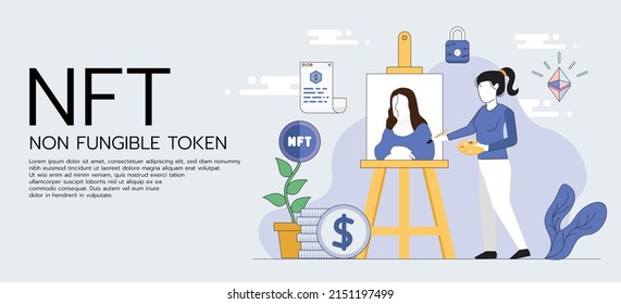 NFT non-fungible token, selling crypto art or painting as unique digital asset with cryptocurrency ,artist woman painting beautiful digital canvas with the woman. 
