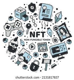 NFT non-fungible token set of vector icons in doodle style. Cryptocurrency and blockchain technology in the purchase of art, paintings, music and videos. Hand-drawn blue circular concept.