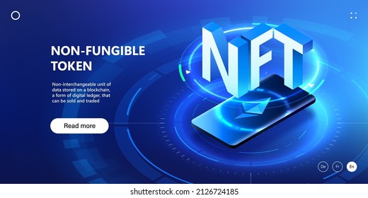 NFT Nicht fungible Token Technologie Hintergrund mit Website ui Template. Cryptoart-Plattform