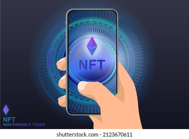 token no fungible de NFT. Fondo de diseño de texto de token no fungible en el teléfono. Resumen tecnológico. Vector futurista. Concepto de NFT con tecnología blockchain. 