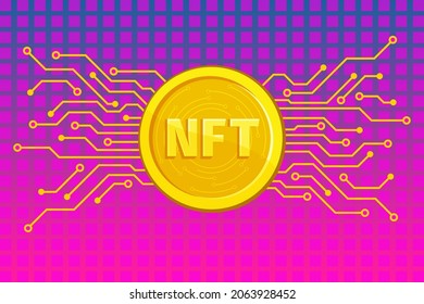 NFT nonfungible token text on golden coin. Pay for unique collectibles in games or art. For banner or news. Vector illustration.