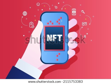 NFT nonfungible token text on screen of the phone on red background. Pay for unique collectibles in games or art. For banner or news. Vector illustration.